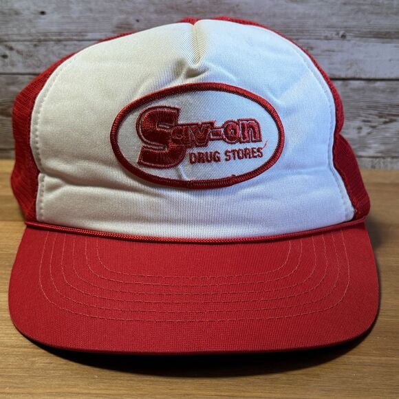 Vintage Sav-on Drug Store Snapback Trucker Hat Cap Red and White Mesh Back - Picture 1 of 9